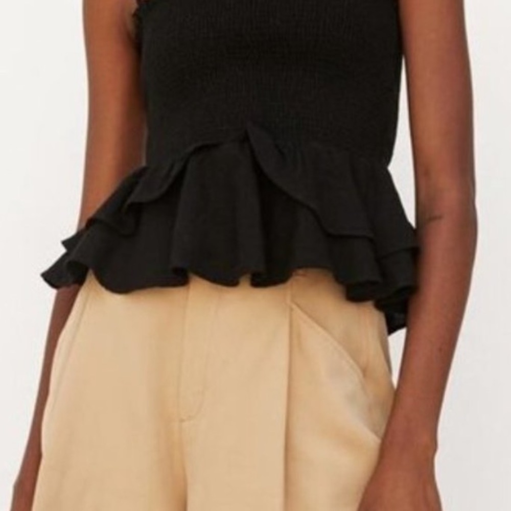 ZARA LINEN BLACK STRAPLESS SMOCKED ELASTIC RUFFLE TIERED CAMI